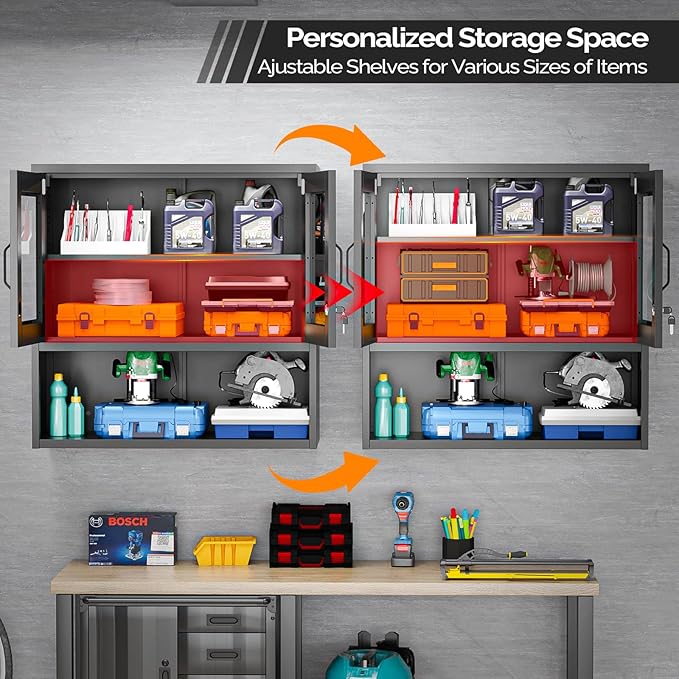 VINGLI Metal Wall Cabinet with Locking Glass Doors, Adjustable Shelf, Wall Mounted Storage Display Cabinets for Garage, Kitchen, Home Office, Warehouse, Living Room, Black
