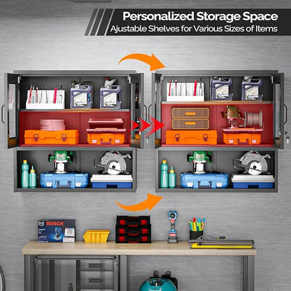 VINGLI Metal Wall Cabinet with Locking Glass Doors, Adjustable Shelf, Wall Mounted Storage Display Cabinets for Garage, Kitchen, Home Office, Warehouse, Living Room, Black