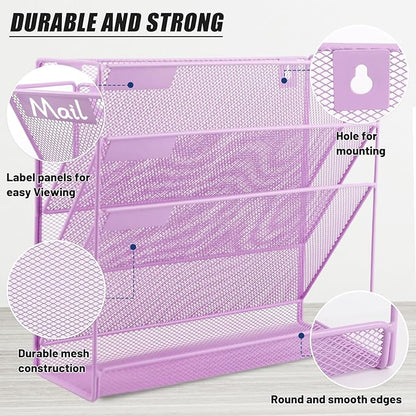 EASEPRES Desk File Organizer Mesh 4-Tier, Hanging Wall Mount Document Organization Stand, Desktop Vertical Mail Paper Folder Holder Rack with Bottom Tray for Office Home Cubicle, Light Purple