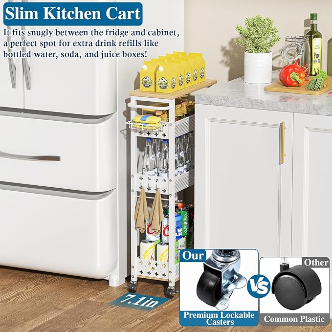 Rolling Slim Storage Cart, 4-Tier Narrow Bathroom Laundry Room Organization Cart, Metal Kitchen Storage Mobile Shelf Unit Organizer with Wood Top, Slim Utility Cart with Wheels for Small Space