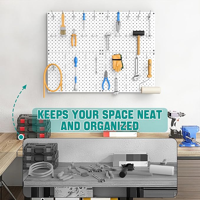 EVERHANGER Metal Pegboard Panels, Heavy Duty Pegboard Wall Organizer, Garage Wall Panels, Tool Storage Organization, 12"X16", 4pcs, White