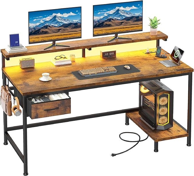39.3Inch Office Desk with Power Outlet & Drawer, Gaming Desk with CPU Stand& LED Lights,Computer Desk with Ergonomic Monitor Stand for Small Space,Rustic Brown