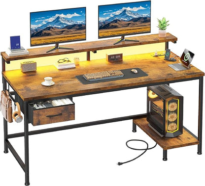 39.3Inch Office Desk with Power Outlet & Drawer, Gaming Desk with CPU Stand& LED Lights,Computer Desk with Ergonomic Monitor Stand for Small Space,Rustic Brown