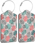 2 Pack Luggage Tag for Suitcase,Wave Dot Art Tropical Palm Leather Suitcase Tags Identifiers with Privacy Name Address Labels and Durable Steel Loop for Women Men Travel