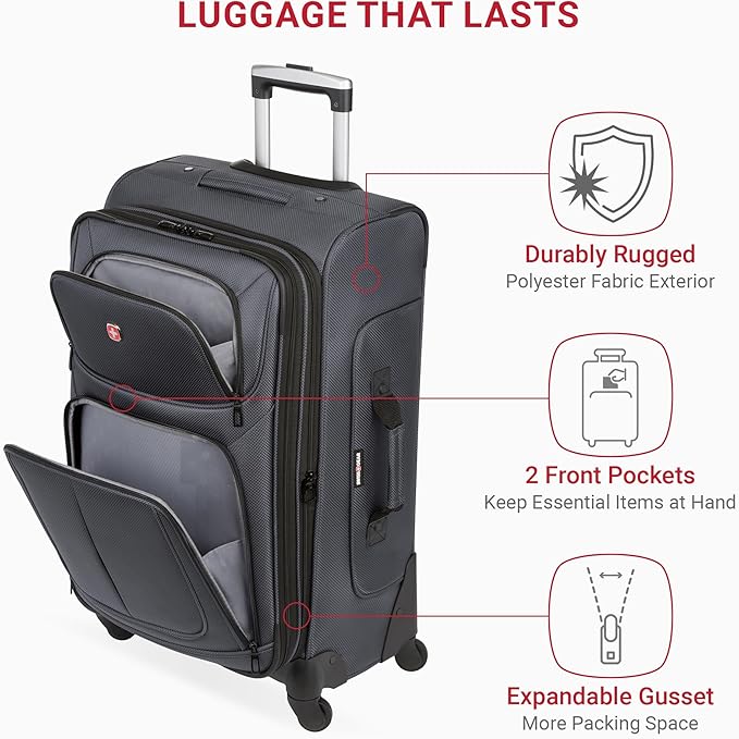 SwissGear Sion Softside Expandable Luggage, Dark Grey, Checked-Medium 25-Inch