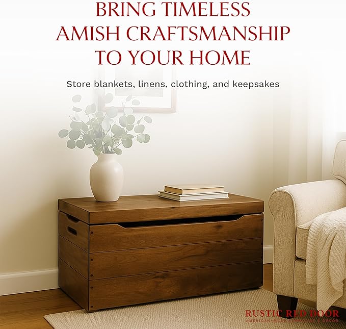 Amish Made Wooden Storage Chest Trunk Box with Lid and Handles for Bedroolanket, Clothes, Anti-Slam Hinges, Handmade, Rustic Hickory Wood, Asbury Stain, 42"