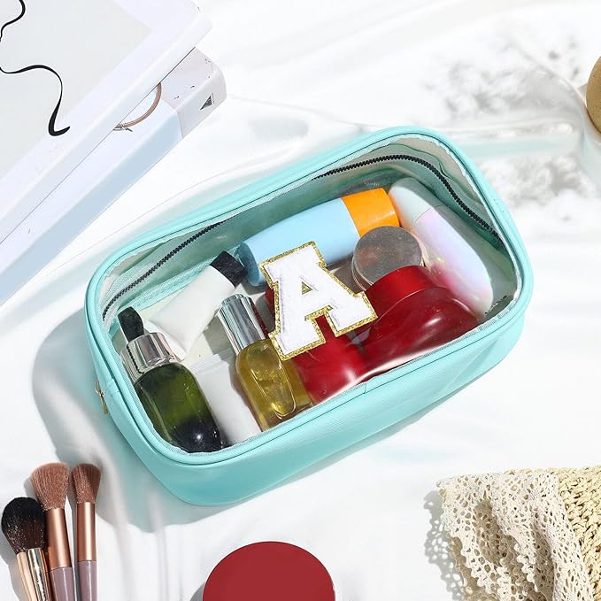 YOOLIFE Initial Make Up Bag Travel Toiletry Bag, Clear Makeup Bag Preppy Cosmetic Bags Organizer Travel Essentials Gifts for Women Teen Girlfriend Teacher Mom Birthday Mothers Day Gifts Blue L