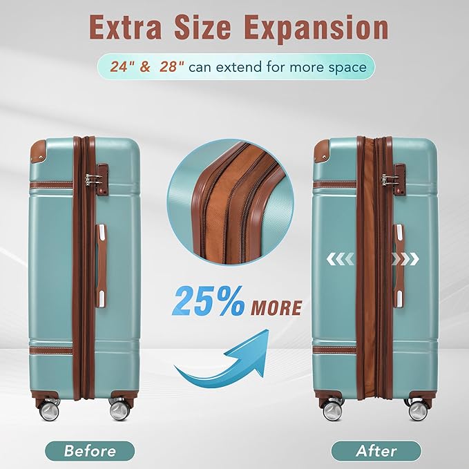 Merax Luggage Set 3 Piece Suitcase Set with Cosmetic Case Expandable Spinner Wheels Vintage Luggage Sets (Blue Green,20"+24"+28")