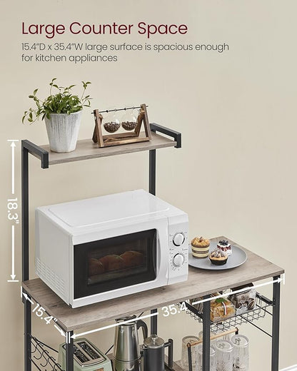 VASAGLE Baker's Rack, Microwave Stand, Kitchen Storage Rack with Wire Basket, 6 Hooks, and Shelves, for Spices, Pots, and Pans, Heather Greige and Ink Black UKKS035B02