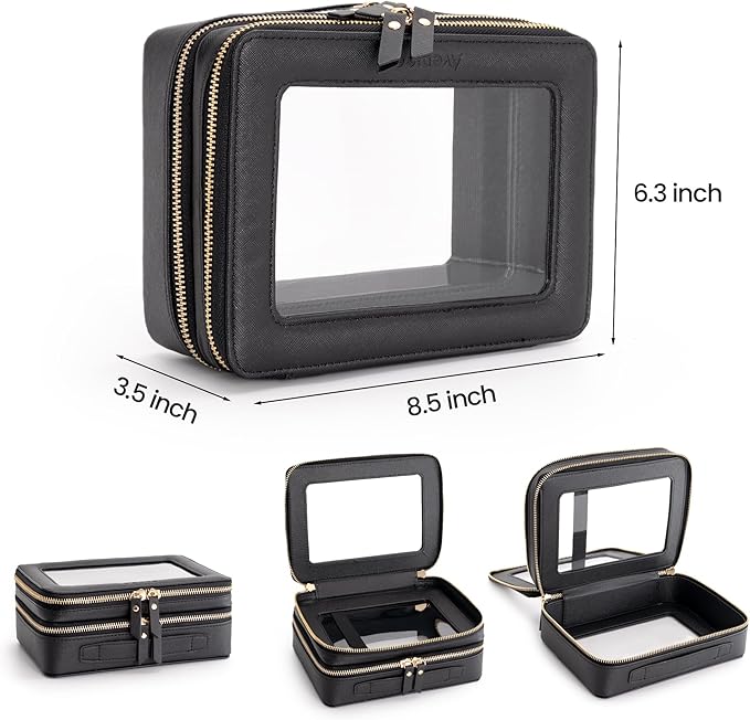 Aveniee Clear Makeup Bags,Double Layer Cosmetic Bags with Separate Brush Compartment,Large Travel Toiletry Bag Cosmetic Case,Travel Accessories Organizer for Women,2 Layers,Black