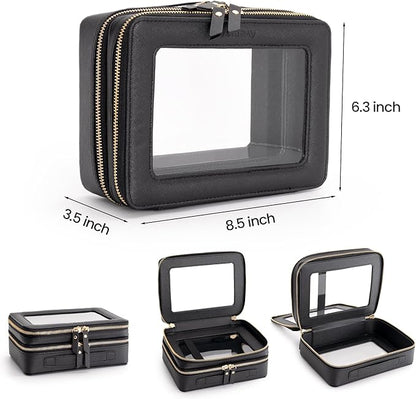Aveniee Clear Makeup Bags,Double Layer Cosmetic Bags with Separate Brush Compartment,Large Travel Toiletry Bag Cosmetic Case,Travel Accessories Organizer for Women,2 Layers,Black