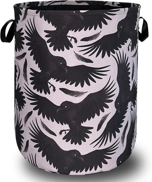 Black Birds With Feathers Laundry Hamper With Handles Foldable Oxford Cloth Goth Style Tote Bag Funny Laundry Basket Clothes Toy Storage Bucket 18.9"x16.5" For Bathroom/Laundry/Bedroom
