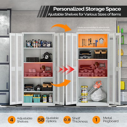 VINGLI Metal Garage Storage Cabinet with 2 Mesh Doors, Locking Steel Display Cabinet with Pegboards and 4 Adjustable Shelves, Ideal for Garage, Office, Pantry, Workshop(Gray, 32''W x 16''D x 71''H)