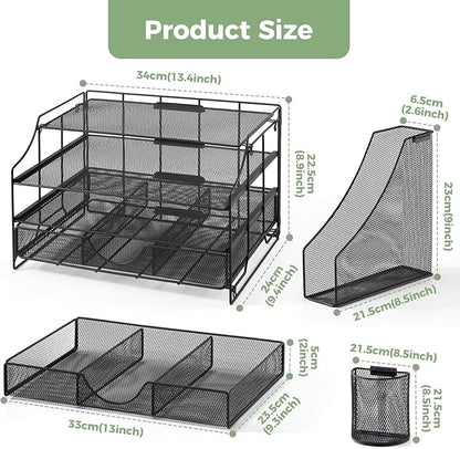 Desk Organizers and Accessories, 4 Tier Paper Letter Tray Organizer Holder Desk Organization with Drawer, Mesh Desktop Organizer with Vertical File Holder Workspace Accessories for Office Supplies