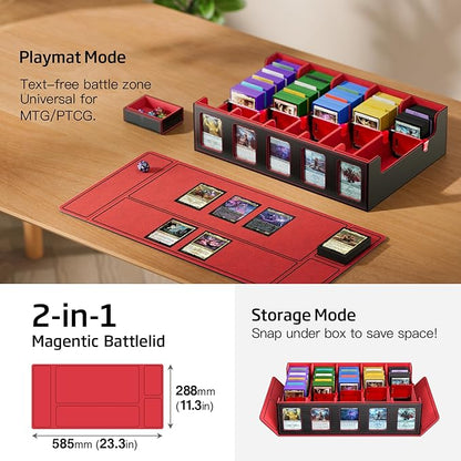 Trading Card Storage Box 5-Row 3900+ Capacity,TCG MTG Card Case with Magnetic Lid & Commander Display,Top Loader Storage for Sports Cards,Includes Dividers Dice Box（Black＆Red）