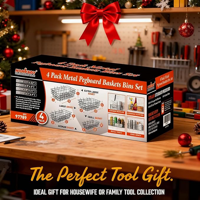 HORUSDY Peg Board Bins and Baskets | 4 Pack | Square Style 4 Size Pegboard Baskets and Pegboard Bins for Organize Workbenches, Accessories