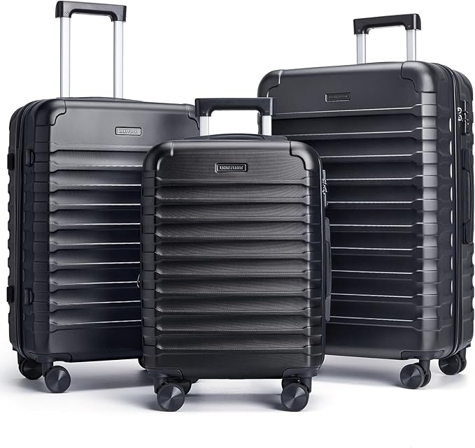 LIGHT FLIGHT Luggage Sets, 3 Piece Durable Suitcase Set with Spinner Wheels, 3 Pcs Hardside Lightweight luggage with TSA Lock, Large Checked Travel Suitcases, 20/24/28 Inch, Black