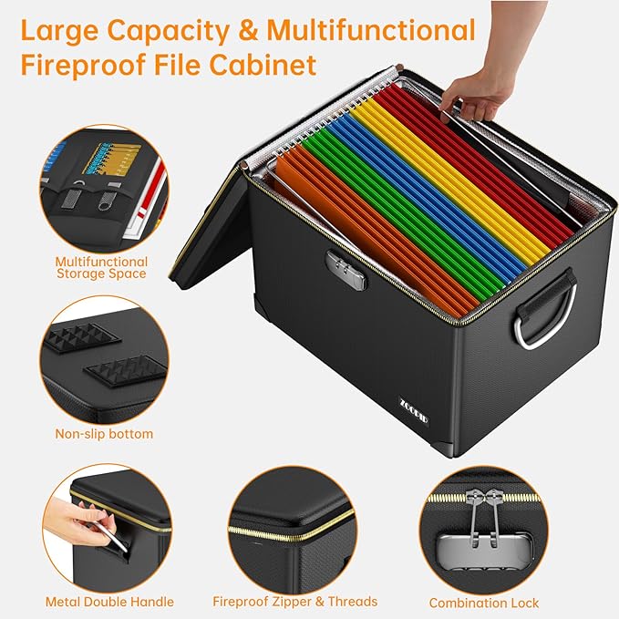 Fireproof Document Box,Hard Case File Organizer with Fireproof Zipper&Threads,Non-Foldable Filing Cabinet with Lock, Portable Office Safe Box Storage for Hanging Letter Folder,Valuables,Black