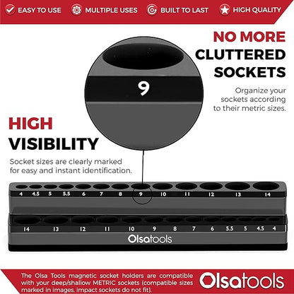 Olsa Tools Magnetic Socket Holder | 1/4-inch Drive | Metric | Black | Holds 26 Sockets | Professional Quality Tools Organizer