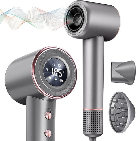 Rudd Hair Dryer with Diffuser, High Speed Hair Dryer with Display, 110000 RPM Brushless Motor for Fast Drying, 200 Million Negative Inoic Low Noise, Grey