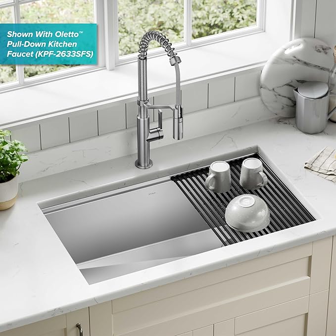 KRAUS Kore 32-Inch Undermount Workstation 16 Gauge Single Bowl Stainless Steel Kitchen Sink with Accessories, KWU110-32
