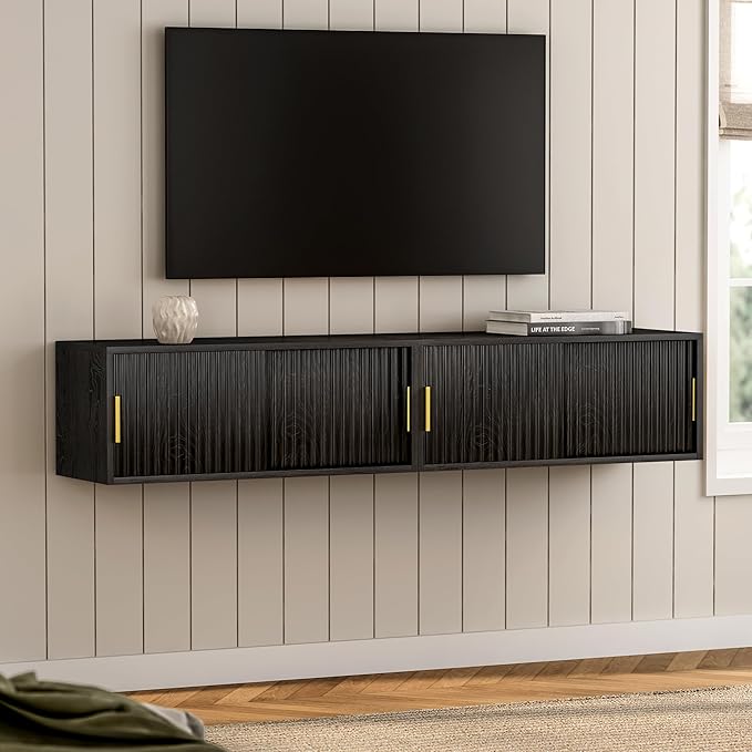 Large Floating TV Stands Set of 2, Modern Fluted Nightstands Wall Mounted Bedside Table Storage Cabinet with Sliding Doors for Living Room, Bedroom Black