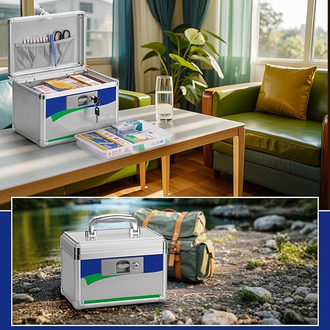 Medicine Lock Box for Safe Medication - 10 x 6 x 6.7 Inches - Lockable Storage Box for Drugs, First Aid Kit Empty, Lock Boxes with Key for Home/Outdoor (Blue/Small)