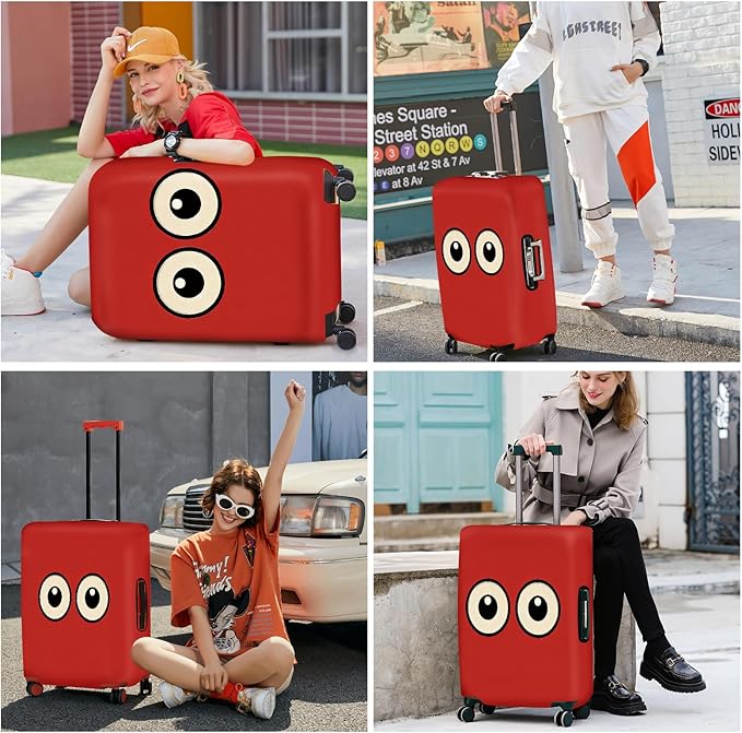 ANNA QUEEN Funny Cartoon Eyes Luggage Cover, Red Suitcase Protector with Cute Big Eyes Design, Travel Suitcase Cover for 32-34 Inch Luggage, Stretchable & Washable Spandex Travel Accessories