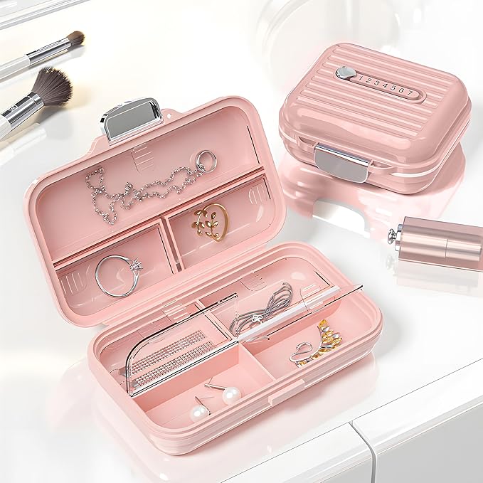 Travel Pill Organizer Box with Medicine Labels, 7 Compartments Portable Pill Case, Daily Medication Organizer Storage Pill Container for Pocket Pharmacy(Pink, L)