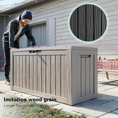 90 Gallon Deck Box,Resin Outdoor Storage Box with Lockable for Patio Furniture, Pool Accessories, Garden Tools Waterproof Outside Storage Box, Grey