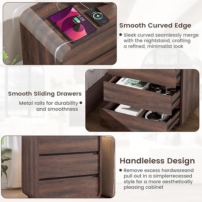 Modern Nightstand Set of 2, 23.2" Wide Wood Bedside Table with Charging Station, 3 Storage Drawers Side Table Curved Profile, Handleless, Large End Table Night Stand for Bedroom, Walnut ﻿