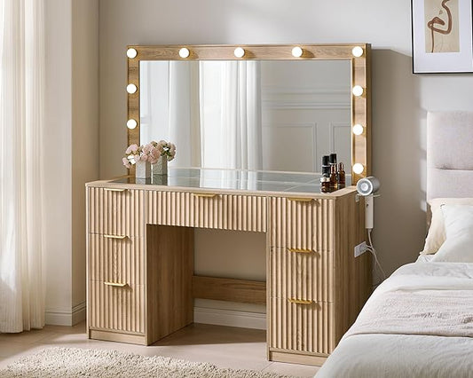 AMERLIFE 47.2" Fluted Vanity Desk with Large Mirror and Adjustable LED Lights, 7 Drawers Makeup Table with Glass Top and Charging Station for Women and Girls, Bedroom or Dorm, Oak