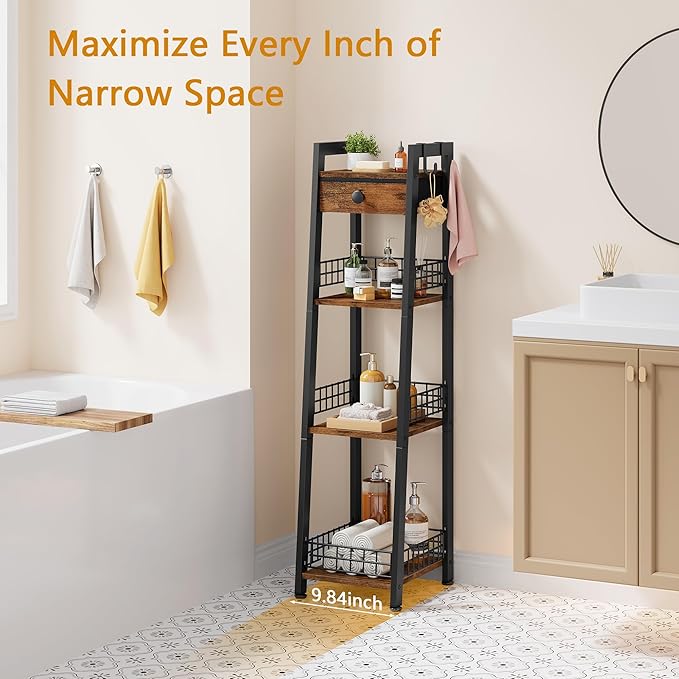 4-Tier Narrow Bathroom Table Ladder Shelf with Drawer, Bathroom Stand Floor Storage Shelf, Freestanding Tower Shelf Ladder -Rustic Brown.