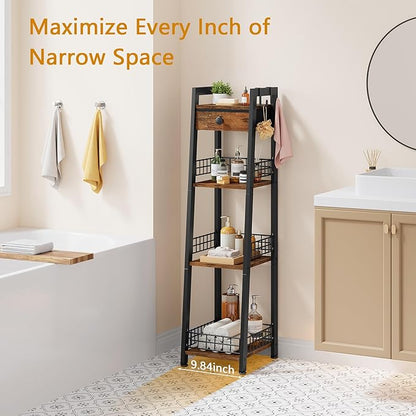 4-Tier Narrow Bathroom Table Ladder Shelf with Drawer, Bathroom Stand Floor Storage Shelf, Freestanding Tower Shelf Ladder -Rustic Brown.