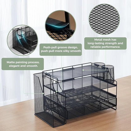 Desk Organizers and Accessories, 4 Tier Paper Letter Tray Organizer Holder Desk Organization with Drawer, Mesh Desktop Organizer with Vertical File Holder Workspace Accessories for Office Supplies