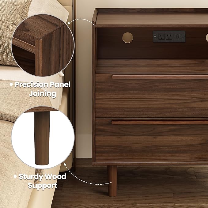 Mid-Century Modern Nightstand with Charging Station, 26" Tall Wood Bedside Table with Tray Top, USB & Type-C Ports, AC Outlets, 2 Drawers and Open Shelf for Bedroom or Living Room, Walnut