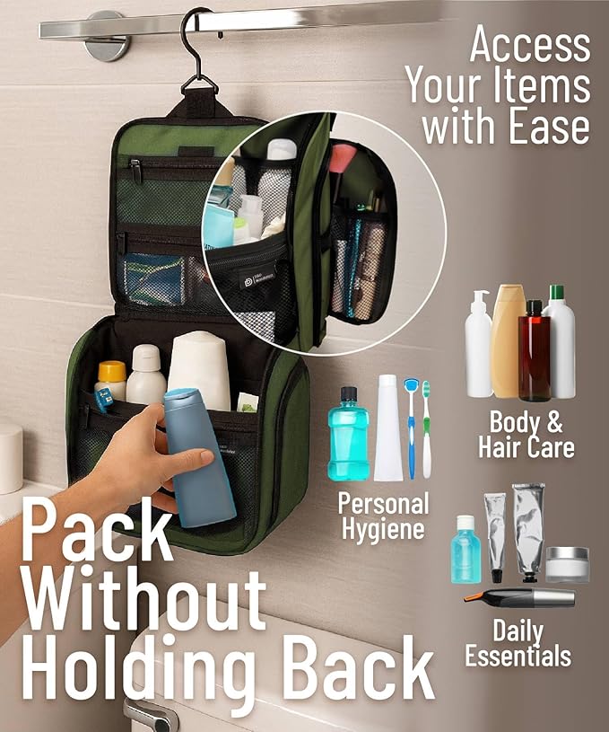 DD D&D Wanderlust D&D Hanging Travel Toiletry Bag for Men and Women. Extra Large Hanging Wash Bag Organizer with 10 Compartments, Zippers, XXL Metal Swivel Hook, Water-Resistant Nylon