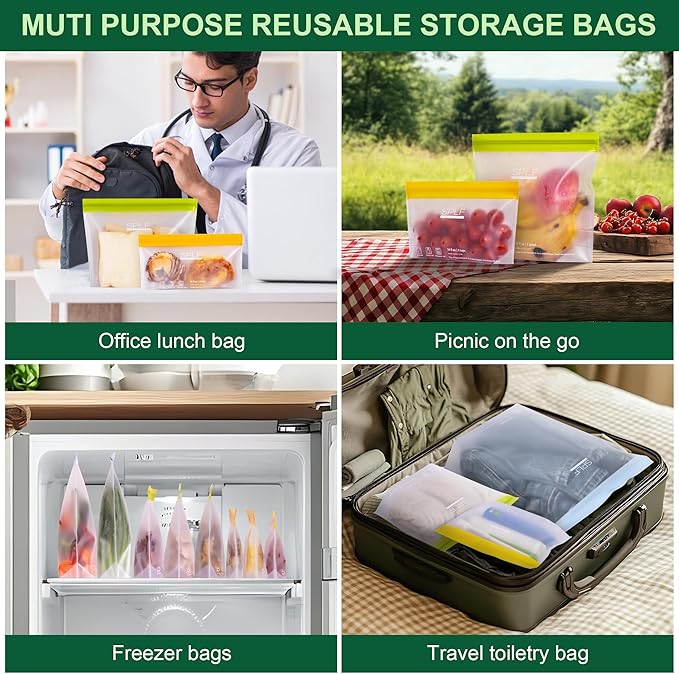 SPLF 6 Pack Stand-Up Reusable Gallon Freezer Bags Dishwasher Safe, Extra Thick 1 Gallon Leakproof Food Storage Bags, BPA and Silicone Free Freezer Bags for Meal Prep, Bread, Veggies, Home Organization