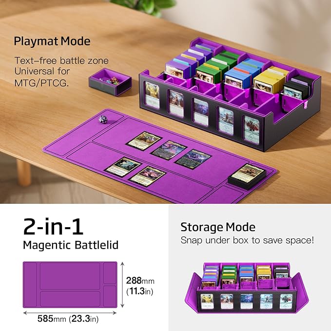 Trading Card Storage Box 5-Row 3900+ Capacity,TCG MTG Card Case with Magnetic Lid & Commander Display,Top Loader Storage for Sports Cards,Includes Dividers Dice Box（Black Purple）