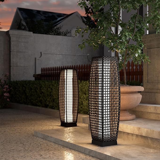 Grand patio Outdoor Floor Lamp Solar Powered Lantern Water-Resistant Wicker Deck Light for Garden or Porch -Large Fuji, Silver Gray