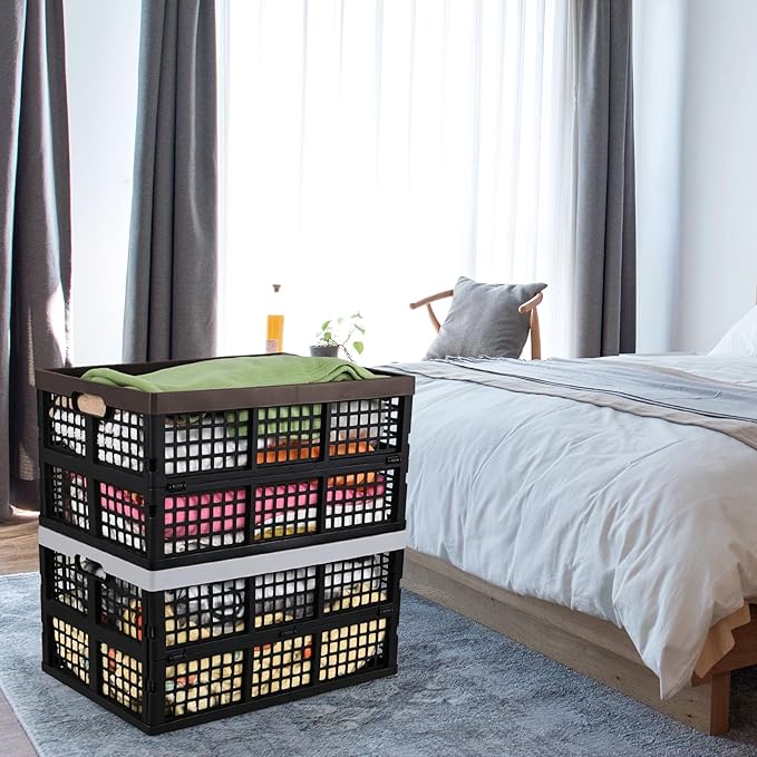 Gloreen 4-Pack 42 L Plastic Collapsible Storage Crate, Folding Storage Crates Baskets