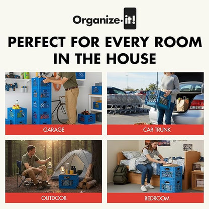 ORGANIZE-IT! 4 Pack Storage Milk Crate, Heavy Duty Versatile Box Organizers with Easy-Grip Handles, Interior 12.25"L x 12.25"W x 10.5"H, Blue