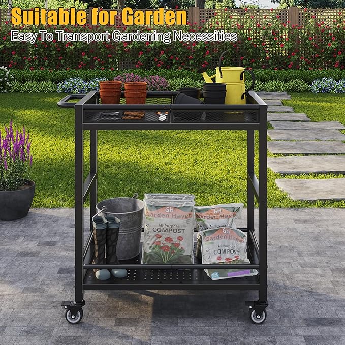 300LBS Heavy Duty Service Utility Cart on Wheels, Metal Rolling Utility Cart with Fences, 2-Tier Service Carts for Garage Garden Warehouse Tool House, Black, 360° Swivel, Ergonomic Handle, Sturdy