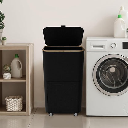 Laundry Basket with Wheels and Handle - 100L Bamboo-Fabric Laundry Hamper with Lid, Front Mesh Pocket, Travel Bag, Sturdy Wheels, Black