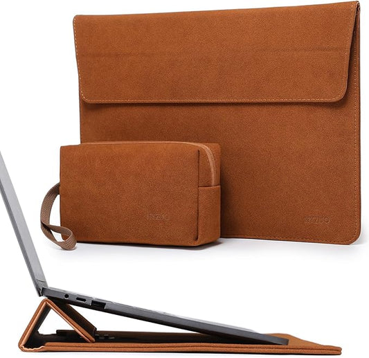 HYZUO 15-16 Inch Laptop Sleeve Bag with Adjustable Stand Feature for MacBook Pro 16 M4/M3/M2/M1 2025-2019, XPS 15, MacBook Pro 15 2015-2012, Case with Pouch, Brown