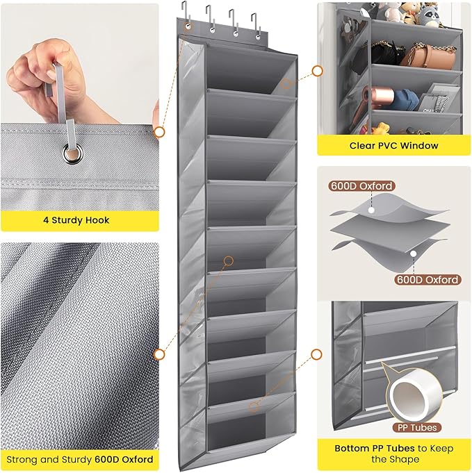 Over the Door Shoe Organizer for Closet, Shoes Rack with 10 Tier PVC Window Deep Pockets, Hanging Shoe Organizers for Boot Storage, Behind the Door Narrow Shoe Holder for Small Shoes, Grey