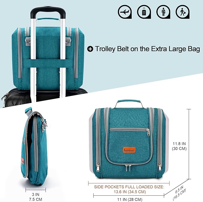 Extra Large Toiletry Bag for Women and Men, 6 Organizer Compartments, Holds Full Size Shampoo, with Hanging Hook Cosmetic Bag, Travel Makeup Bag, Bathroom Water-resistant Toiletries Bag, Blue