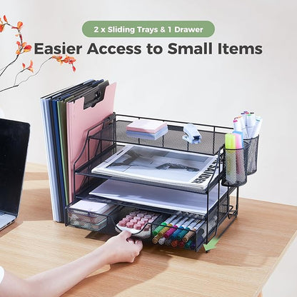 Desk Organizers and Accessories, 4 Tier Paper Letter Tray Organizer Holder Desk Organization with Drawer, Mesh Desktop Organizer with Vertical File Holder Workspace Accessories for Office Supplies