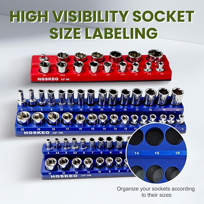 Magnetic Socket Organizer Set, 6 Pcs Red SAE and Blue Metric Socket Tray Set for 1/4", 3/8" & 1/2" Sizes Drive, Socket Holder Holds 143 Sockets for Tool Box