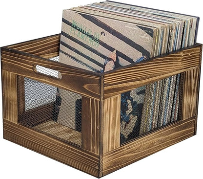 ARTAWEIN Vinyl Record Storage Crate, Wooden Record Holder for Albums - Holds up to 80-100 LPs, Rustic Vintage Style Organizer Box with Handles, Easy Assembly Display for Music Room & Office